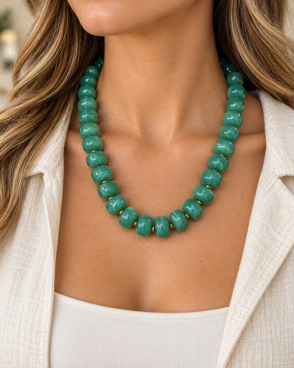 Green Marbled Bead Necklace – Gold Accent Statement Necklace
