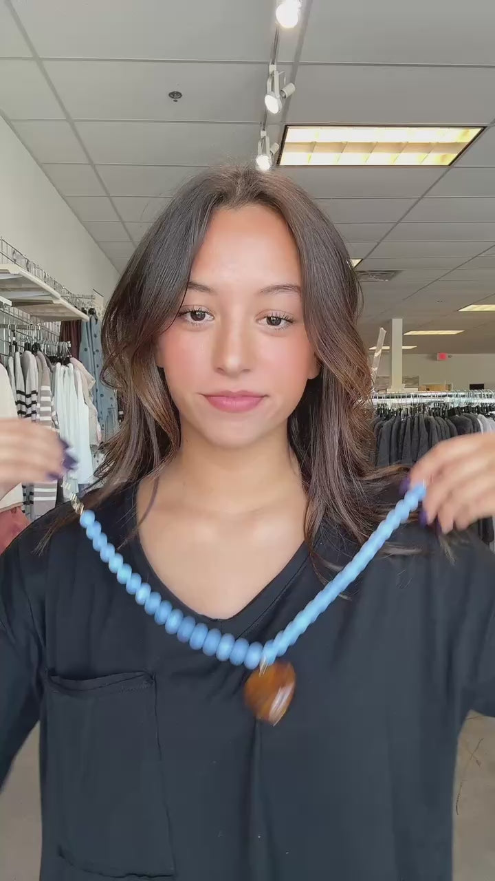 Blue Beaded Heart Pendant Necklace – Statement Heart Necklace